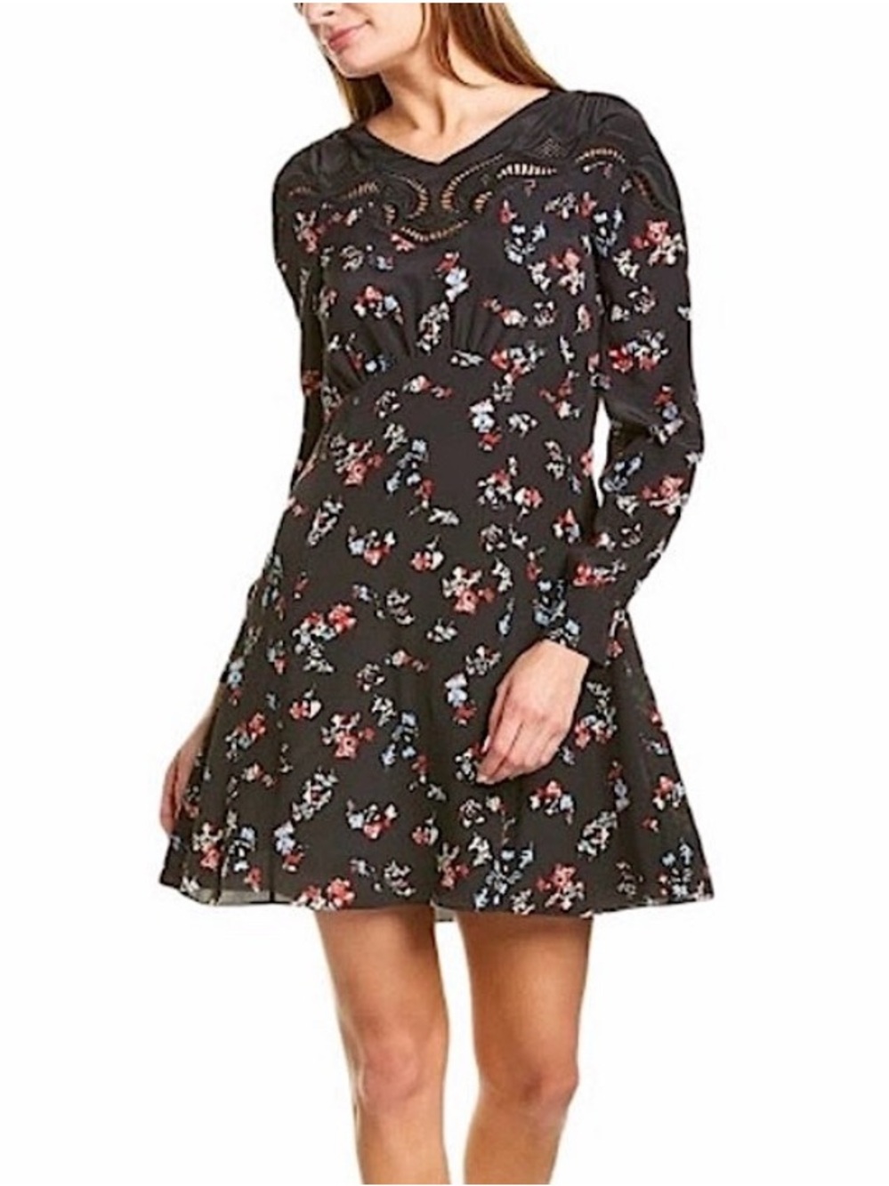 Tanya Taylor Nyla Floral Clusters Print Eyelet Neck Silk Mini Dress Black Size 4